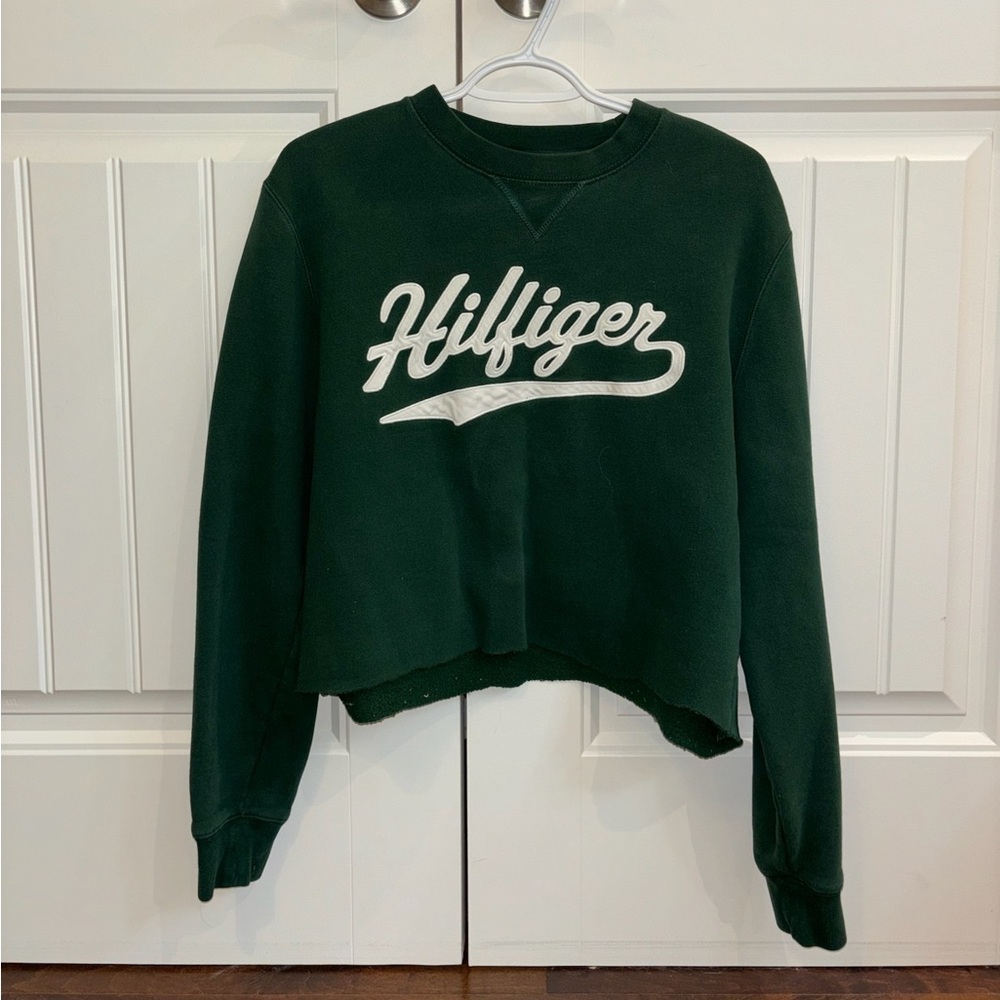 Vintage Dark Green Cropped Tommy Hilfiger Sweatshirt
